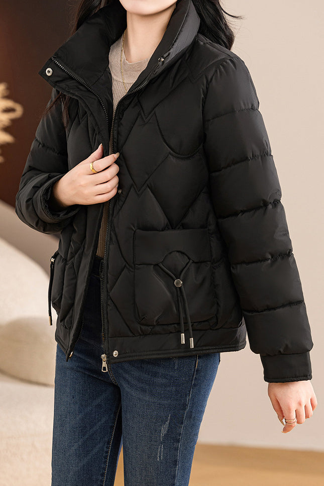 Casual Wave Quilted Padded Jacket with Drawstring and Patch Pockets - liwisi