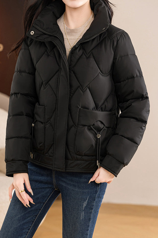 Casual Wave Quilted Padded Jacket with Drawstring and Patch Pockets - liwisi