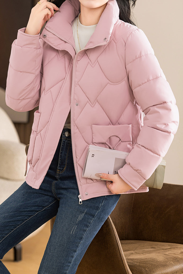 Casual Wave Quilted Padded Jacket with Drawstring and Patch Pockets - liwisi