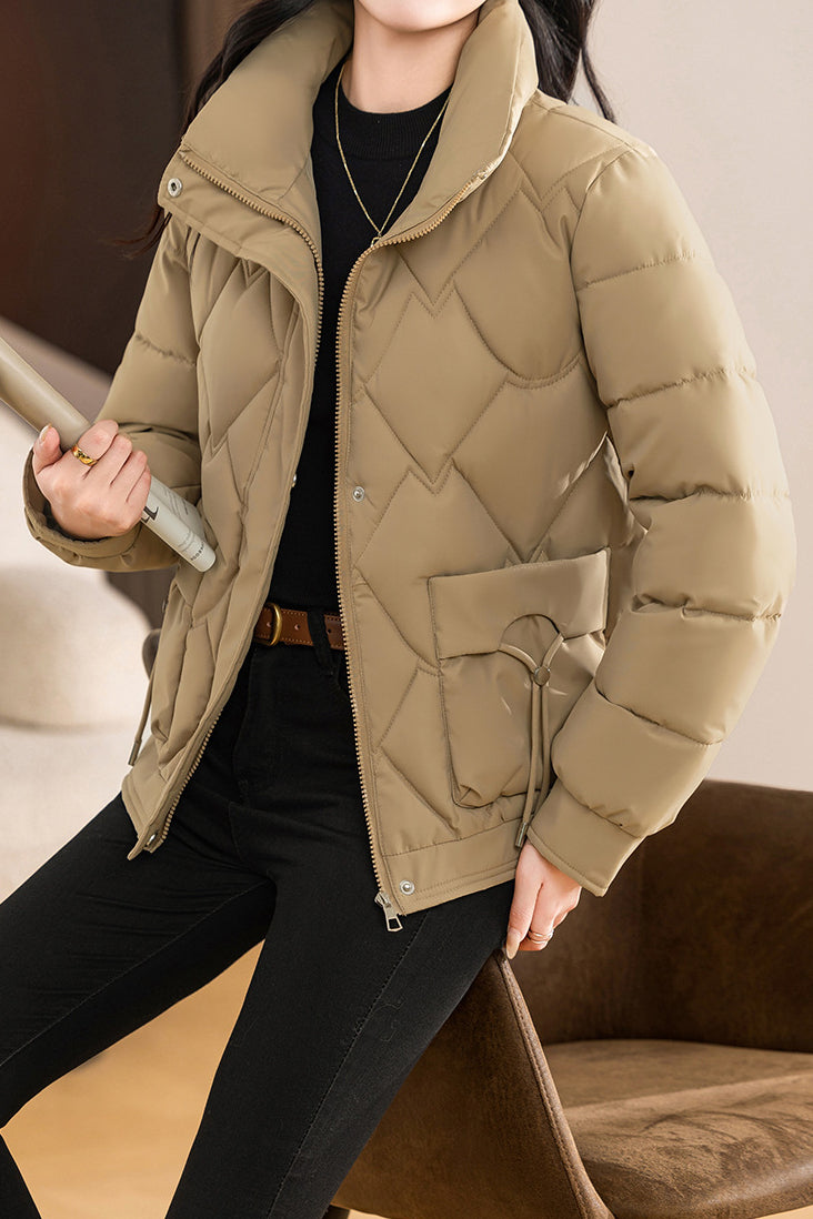 Casual Wave Quilted Padded Jacket with Drawstring and Patch Pockets - liwisi