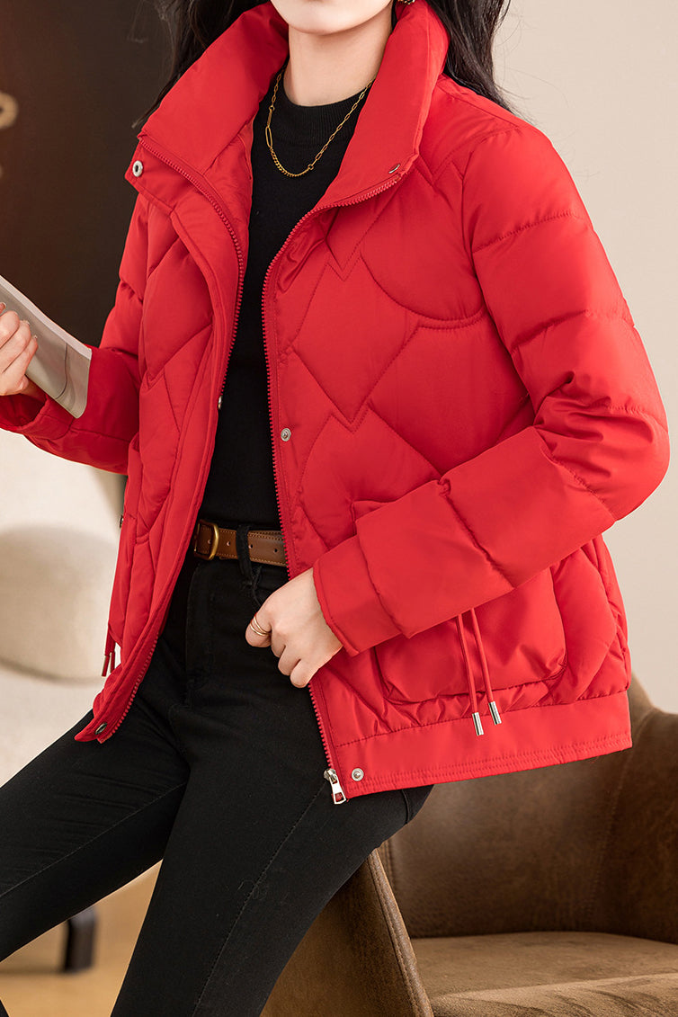 Casual Wave Quilted Padded Jacket with Drawstring and Patch Pockets - liwisi