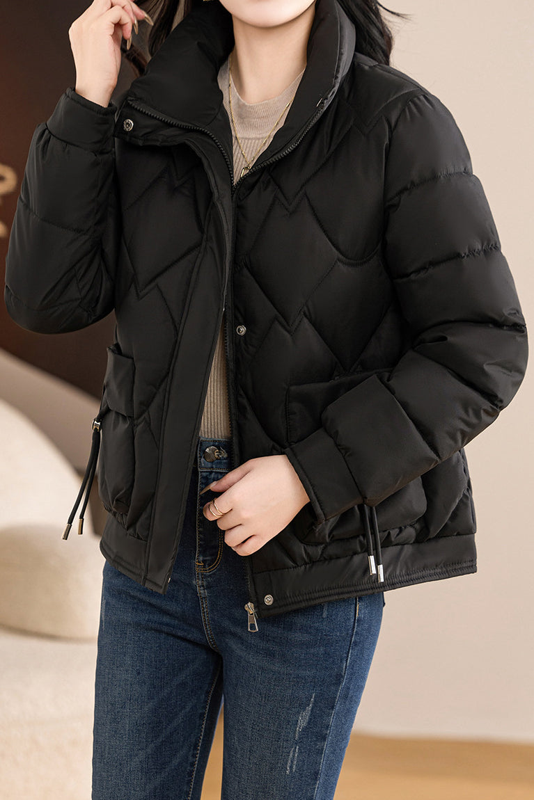 Casual Wave Quilted Padded Jacket with Drawstring and Patch Pockets - liwisi