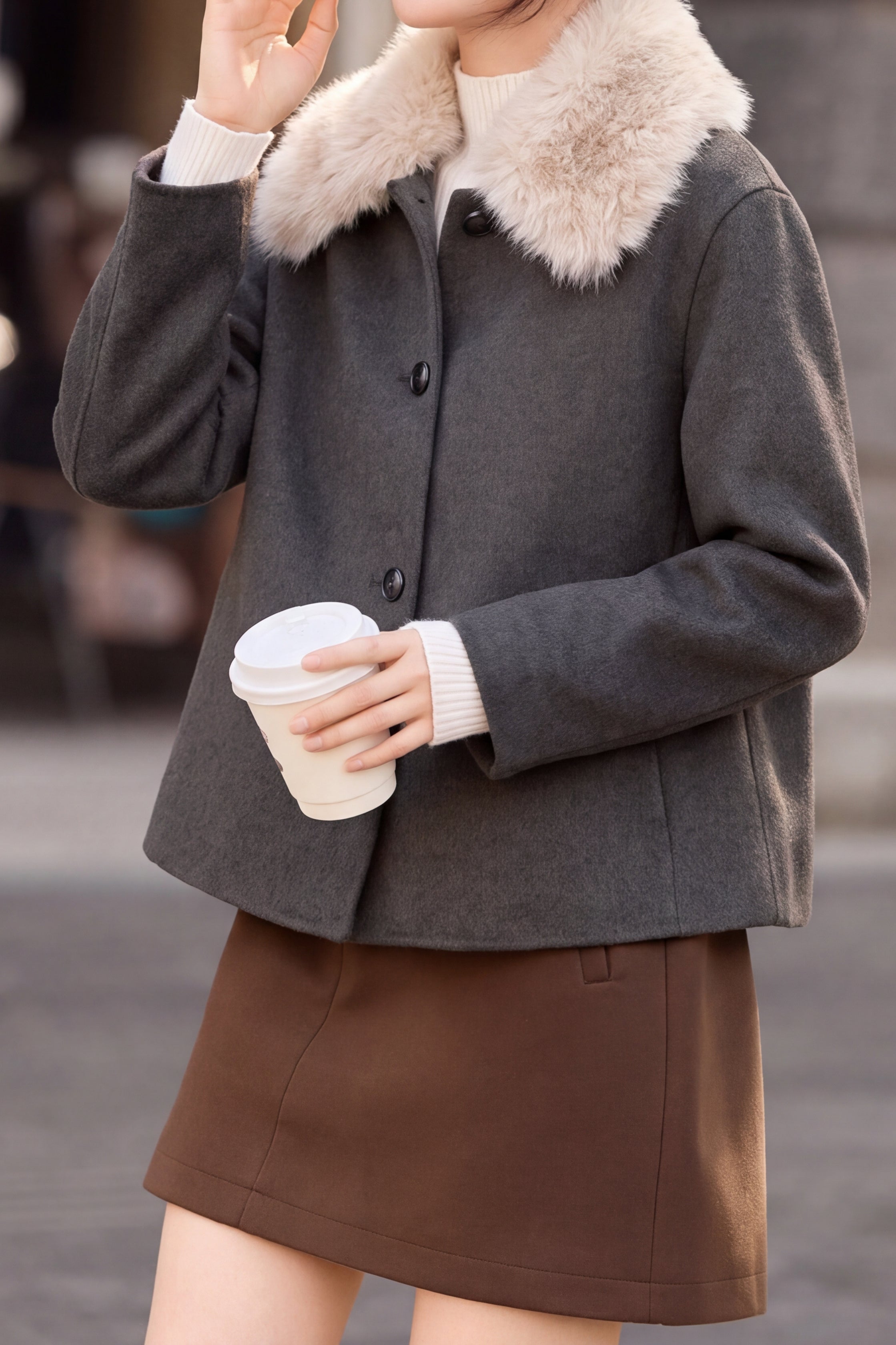Chic Faux Fur Collar Single Breasted Wool Blend Coat - liwisi