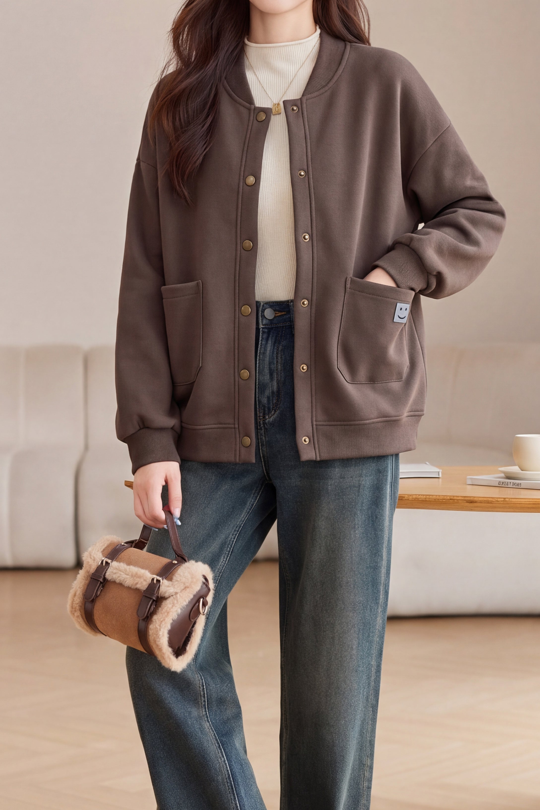 Casual Baseball Collar Single Breasted Jacket with Patch Pockets - liwisi
