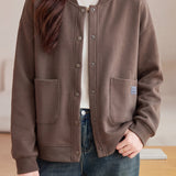 Casual Baseball Collar Single Breasted Jacket with Patch Pockets - liwisi