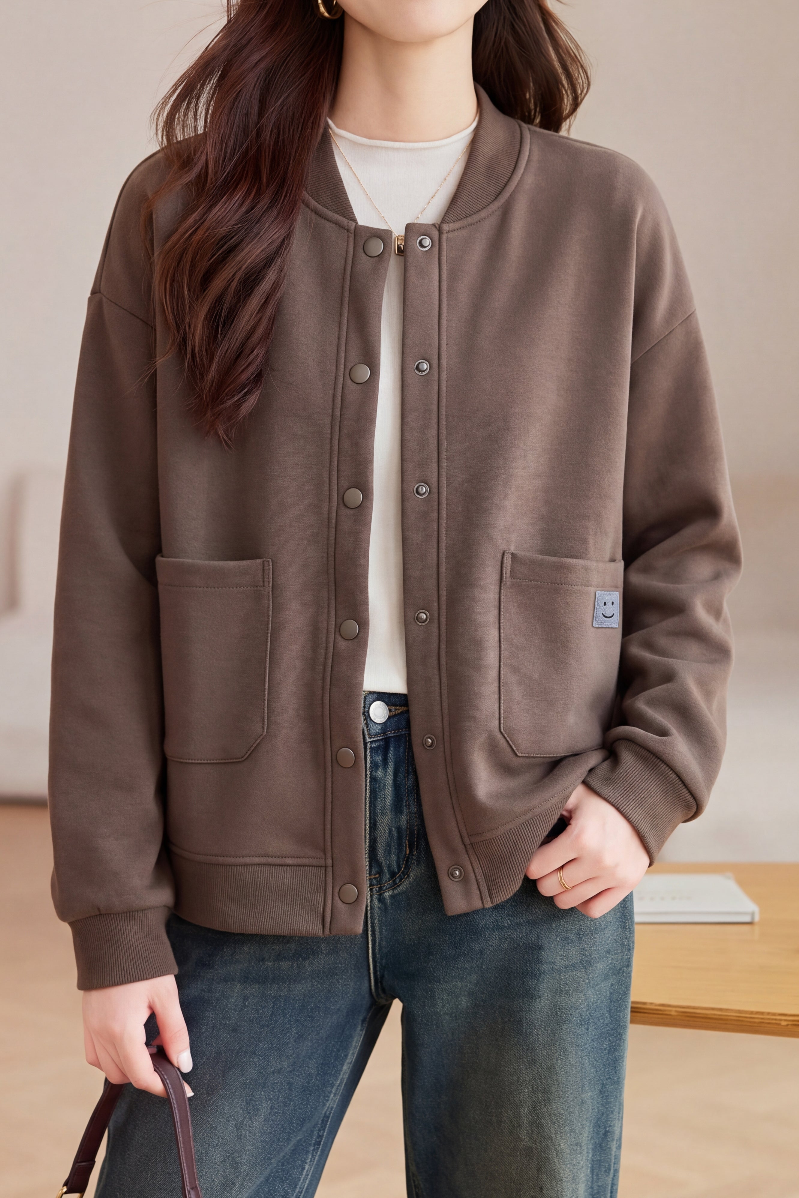 Casual Baseball Collar Single Breasted Jacket with Patch Pockets - liwisi