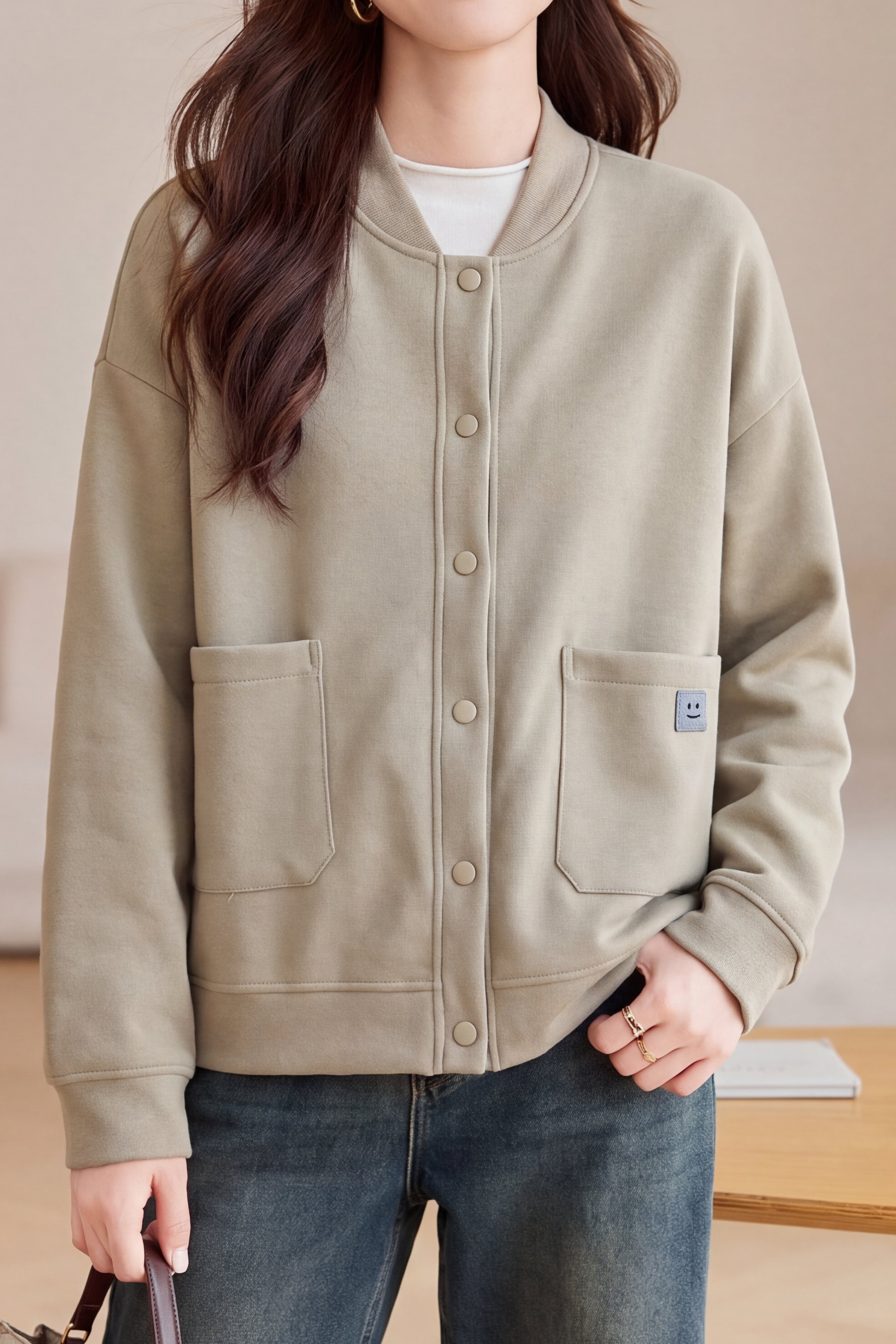Casual Baseball Collar Single Breasted Jacket with Patch Pockets - liwisi