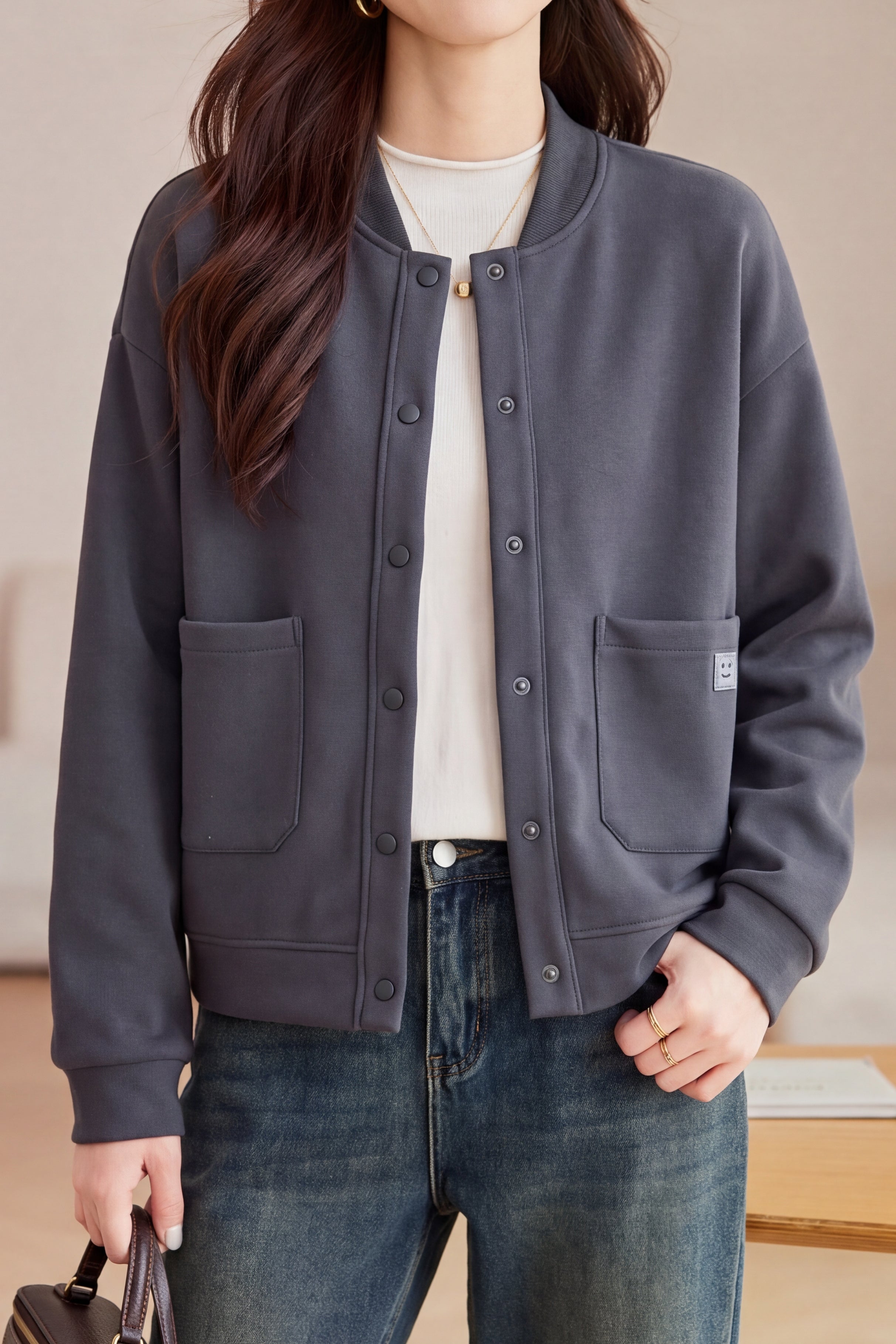 Casual Baseball Collar Single Breasted Jacket with Patch Pockets - liwisi