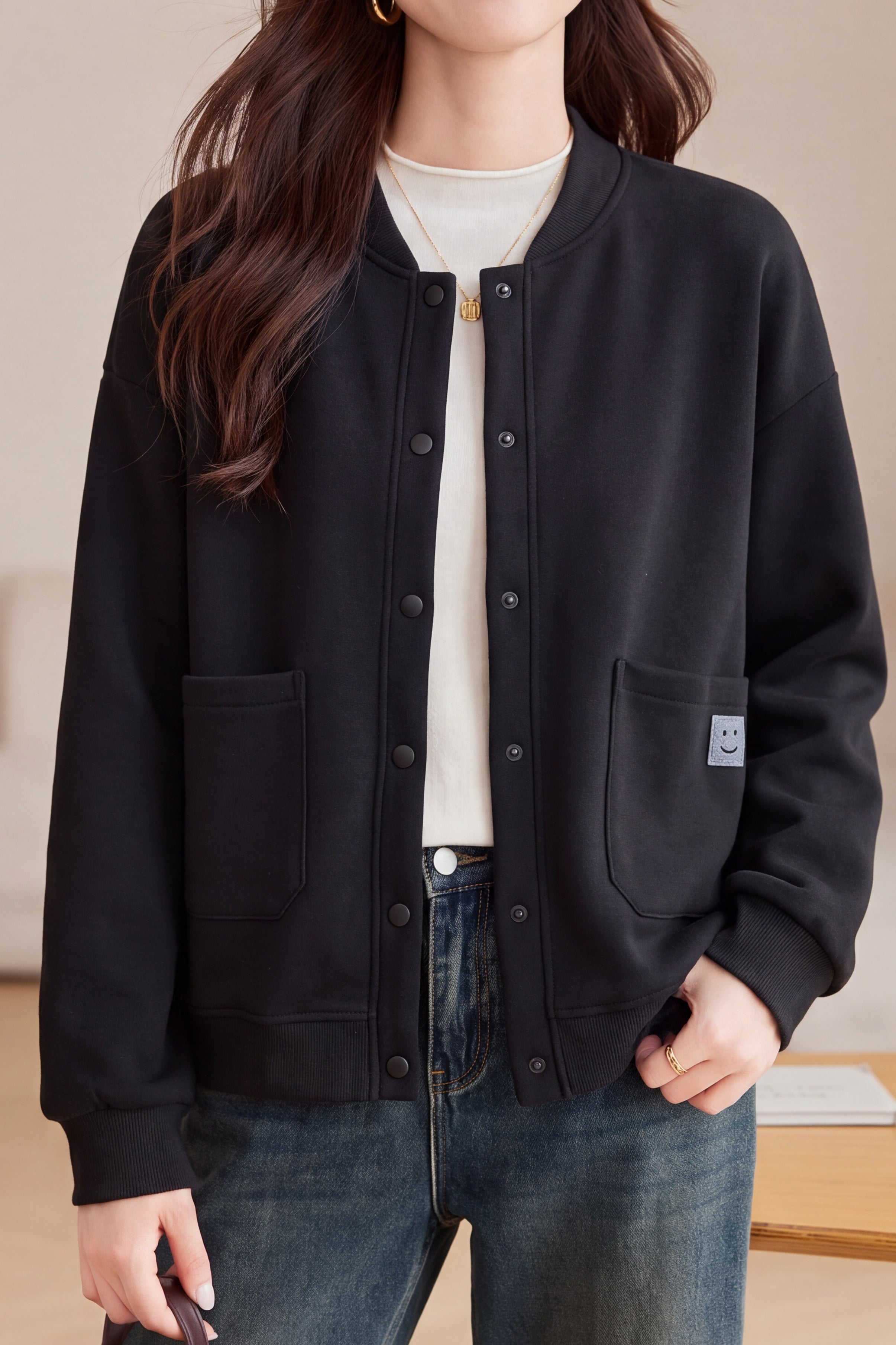 Casual Baseball Collar Single Breasted Jacket with Patch Pockets - liwisi