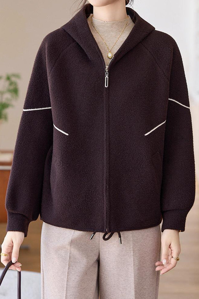 Casual Hooded Knit Jacket with Decorative Lines and Drawstring - liwisi
