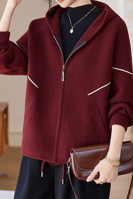 Casual Hooded Knit Jacket with Decorative Lines and Drawstring - liwisi