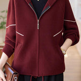 Casual Hooded Knit Jacket with Decorative Lines and Drawstring - liwisi