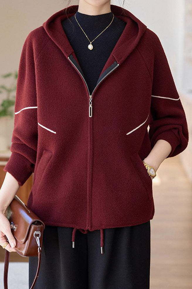 Casual Hooded Knit Jacket with Decorative Lines and Drawstring - liwisi