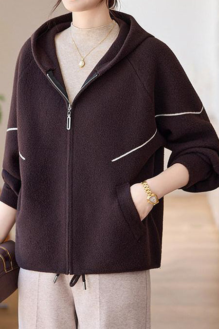 Casual Hooded Knit Jacket with Decorative Lines and Drawstring - liwisi