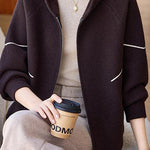 Casual Hooded Knit Jacket with Decorative Lines and Drawstring - liwisi