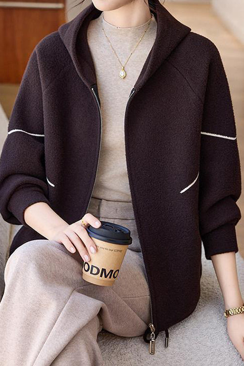 Casual Hooded Knit Jacket with Decorative Lines and Drawstring - liwisi