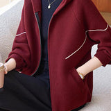 Casual Hooded Knit Jacket with Decorative Lines and Drawstring - liwisi