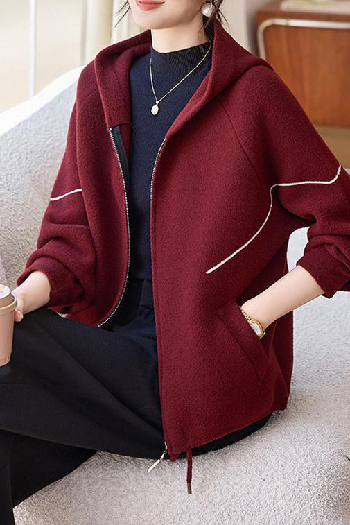 Casual Hooded Knit Jacket with Decorative Lines and Drawstring - liwisi