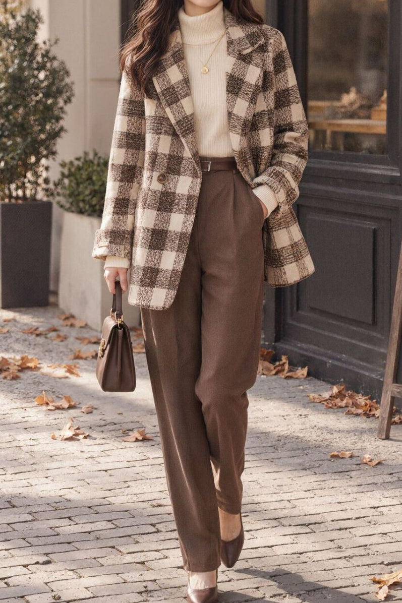 French Vintage Plaid Notched Lapel Jacket - liwisi
