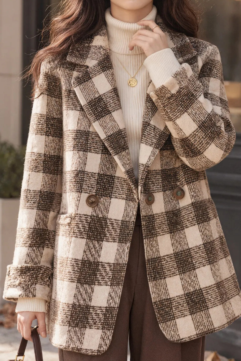 French Vintage Plaid Notched Lapel Jacket - liwisi
