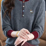 Chic Colorblock Mock Neck Knit Sweater with Colorful Buttons - liwisi