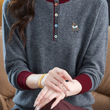 Chic Colorblock Mock Neck Knit Sweater with Colorful Buttons - liwisi