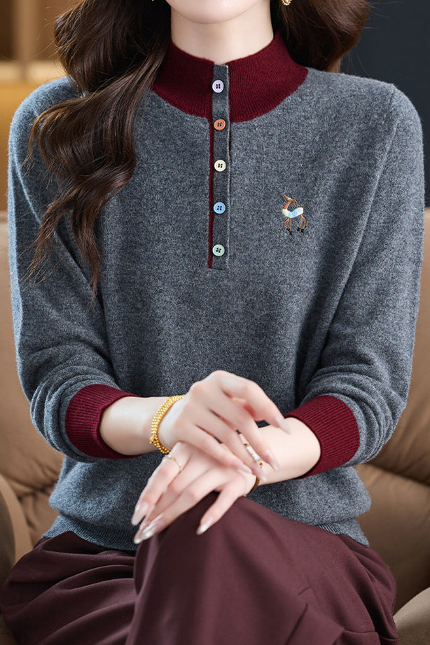 Chic Colorblock Mock Neck Knit Sweater with Colorful Buttons - liwisi