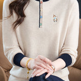 Chic Colorblock Mock Neck Knit Sweater with Colorful Buttons - liwisi