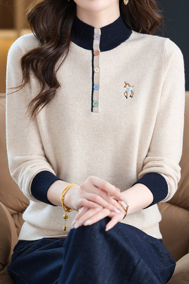 Chic Colorblock Mock Neck Knit Sweater with Colorful Buttons - liwisi