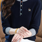 Chic Colorblock Mock Neck Knit Sweater with Colorful Buttons - liwisi