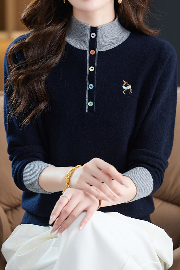 Chic Colorblock Mock Neck Knit Sweater with Colorful Buttons - liwisi