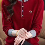 Chic Colorblock Mock Neck Knit Sweater with Colorful Buttons - liwisi