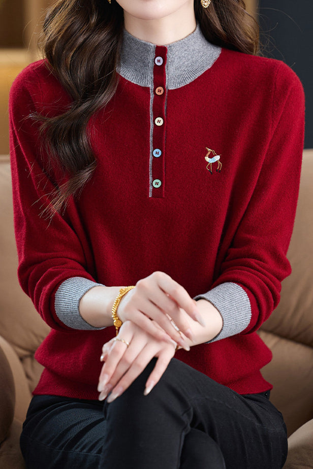 Chic Colorblock Mock Neck Knit Sweater with Colorful Buttons - liwisi
