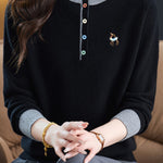 Chic Colorblock Mock Neck Knit Sweater with Colorful Buttons - liwisi