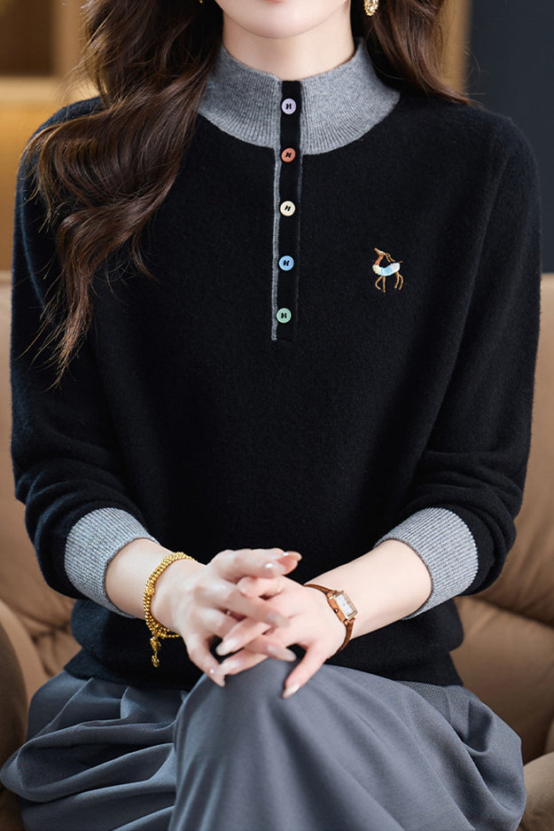 Chic Colorblock Mock Neck Knit Sweater with Colorful Buttons - liwisi