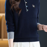 Chic Colorblock Mock Neck Knit Sweater with Colorful Buttons - liwisi