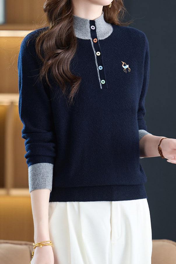 Chic Colorblock Mock Neck Knit Sweater with Colorful Buttons - liwisi