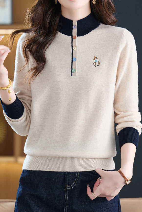 Chic Colorblock Mock Neck Knit Sweater with Colorful Buttons - liwisi