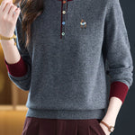 Chic Colorblock Mock Neck Knit Sweater with Colorful Buttons - liwisi