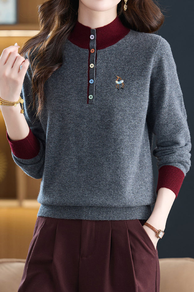 Chic Colorblock Mock Neck Knit Sweater with Colorful Buttons - liwisi