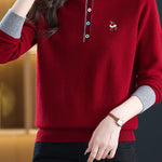 Chic Colorblock Mock Neck Knit Sweater with Colorful Buttons - liwisi