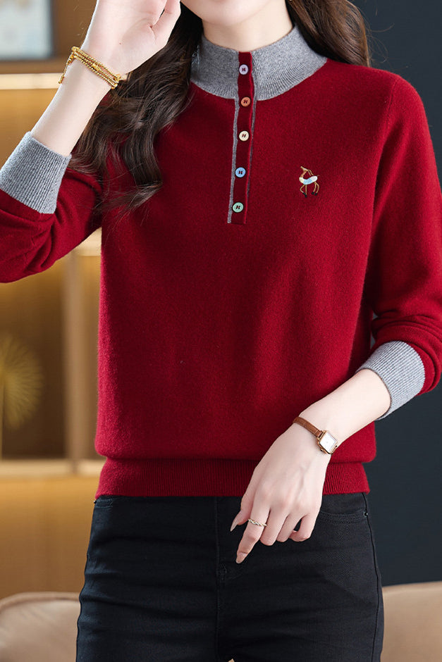Chic Colorblock Mock Neck Knit Sweater with Colorful Buttons - liwisi