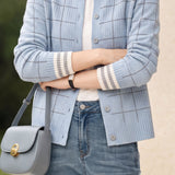 Casual Stand Collar Plaid Long Sleeve Knit Cardigan - liwisi
