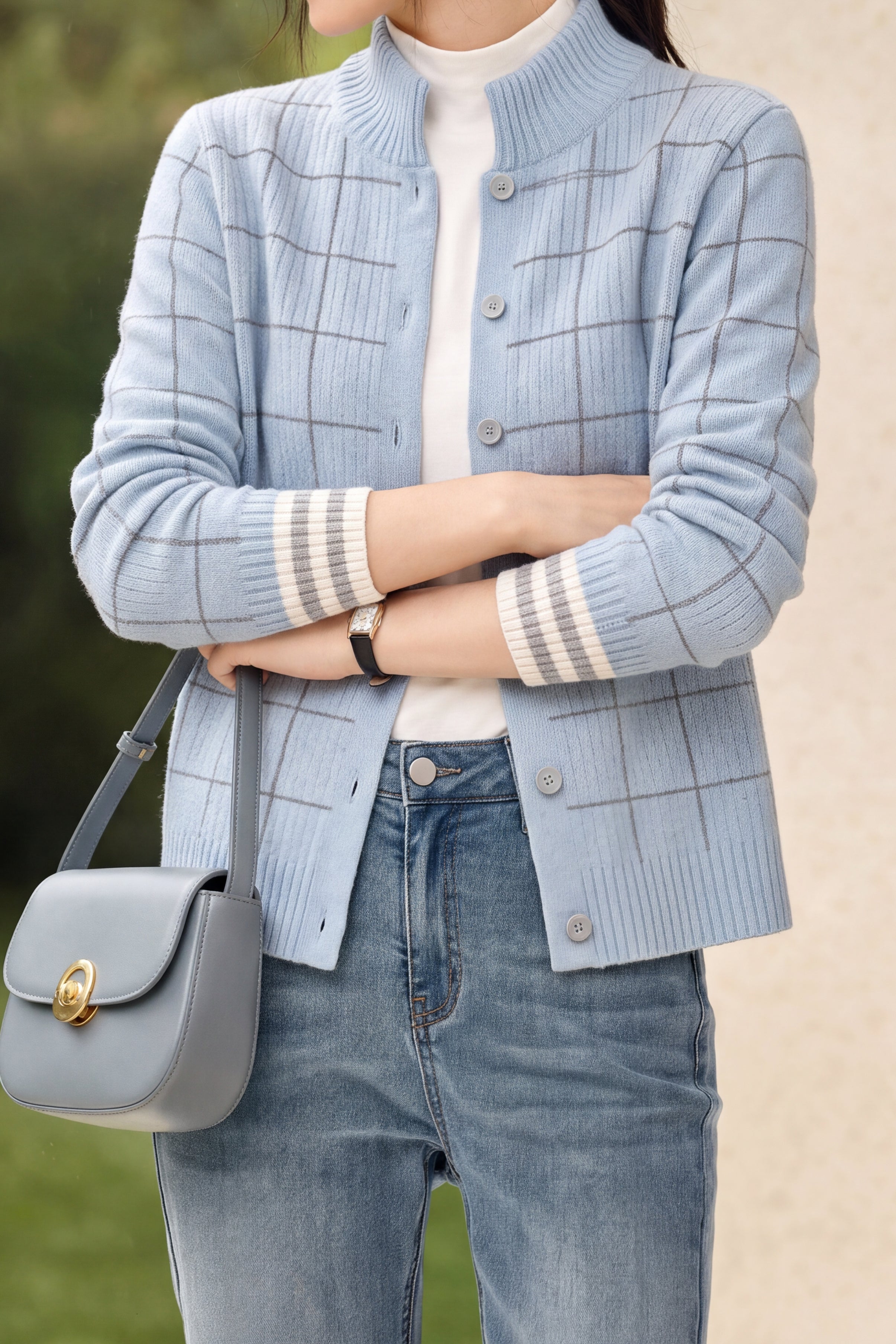 Casual Stand Collar Plaid Long Sleeve Knit Cardigan - liwisi