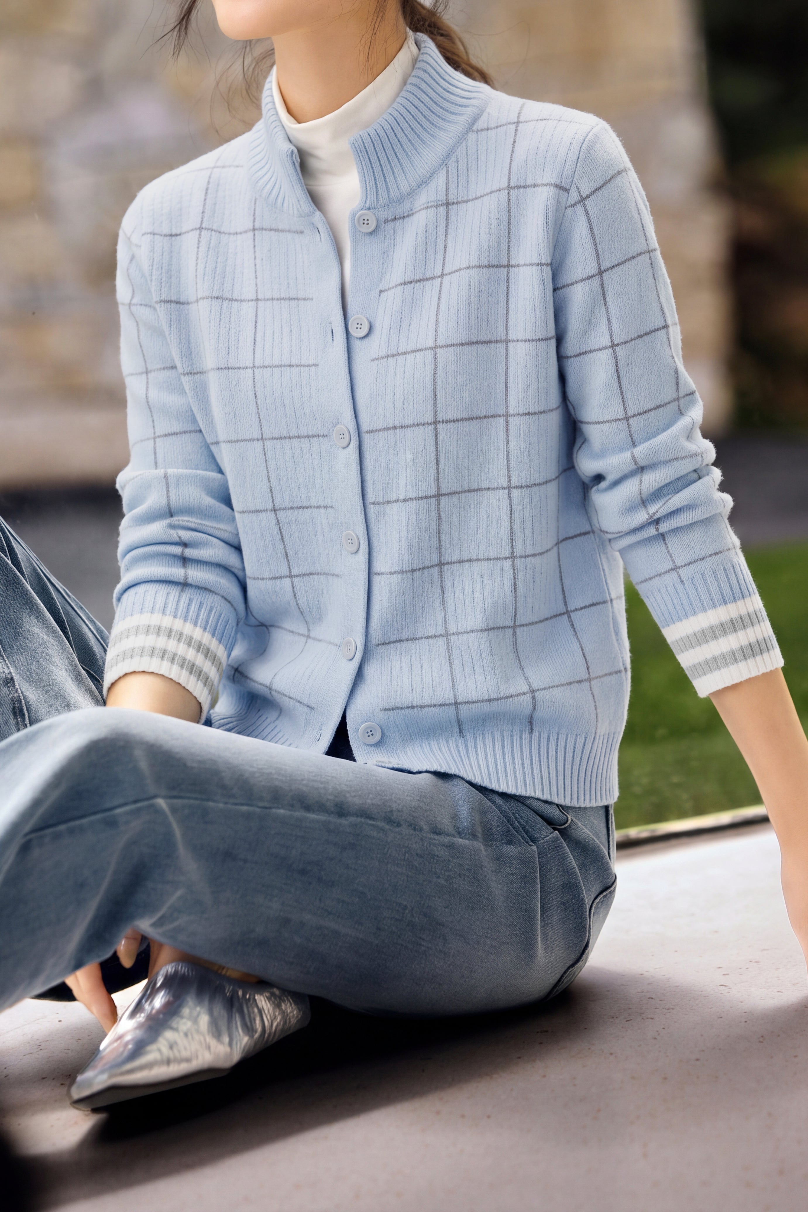 Casual Stand Collar Plaid Long Sleeve Knit Cardigan - liwisi