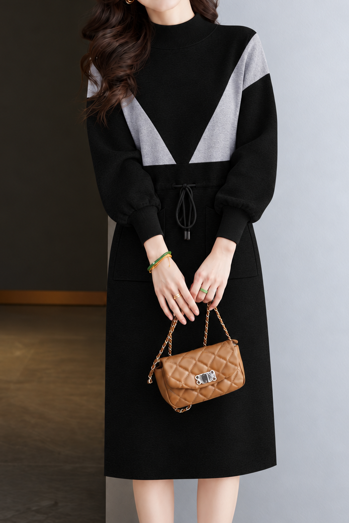 Chic Colorblock Mock Neck Knit Dress - liwisi