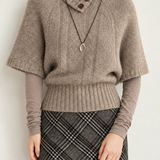 Vintage Button Detail Turtleneck Cable Knit Short Sleeve Sweater