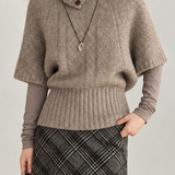 Vintage Button Detail Turtleneck Cable Knit Short Sleeve Sweater - liwisi