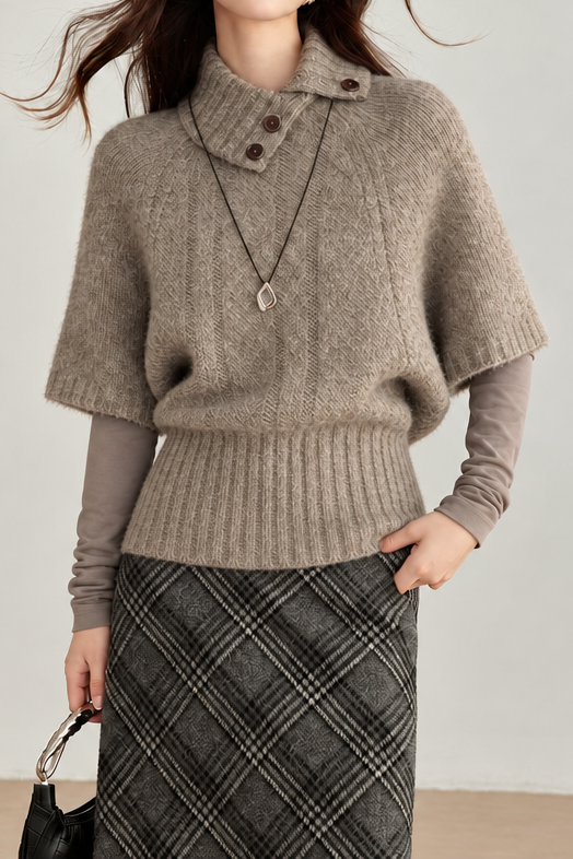 Vintage Button Detail Turtleneck Cable Knit Short Sleeve Sweater - liwisi