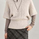 Vintage Button Detail Turtleneck Cable Knit Short Sleeve Sweater - liwisi